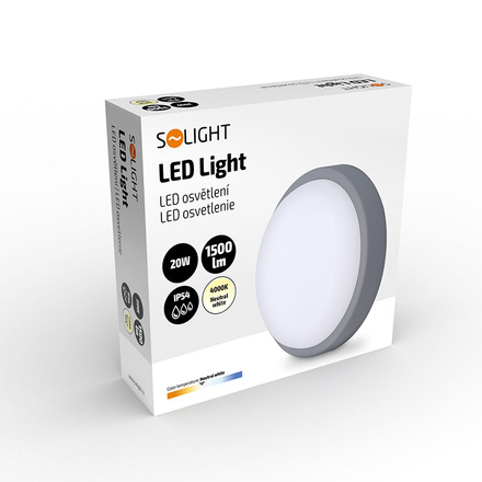 Solight LED venkovní osvětlení kulaté, 20W, 1500lm, 4000K, IP54, 20cm, šedá barva WO750-G