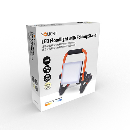 Solight LED reflektor se sklopným stojanem, 30W, 2700lm, 4000K, kabel se zástrčkou, IP65 WM-30W-FEQ