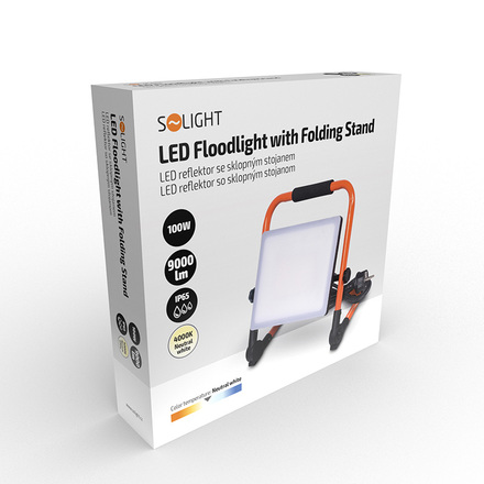Solight LED reflektor se sklopným stojanem, 100W, 9000lm, 4000K, kabel se zástrčkou, IP65 WM-100W-FEQ