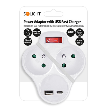 Solight rozbočka s USB A+C rychlonabíječkou 20W PD, 2 x 10A, bílá, vypínač P99USBC-PD20