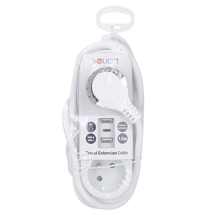 Solight 2z + USB A+C 17W, cestovní prodlužovací přívod 1.5m, bílý PP154C