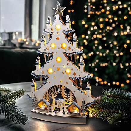 Solight LED dřevěný vánoční stromek s dekoracemi, 23x LED, přírodní barva, 64cm, 2x AA 1V282