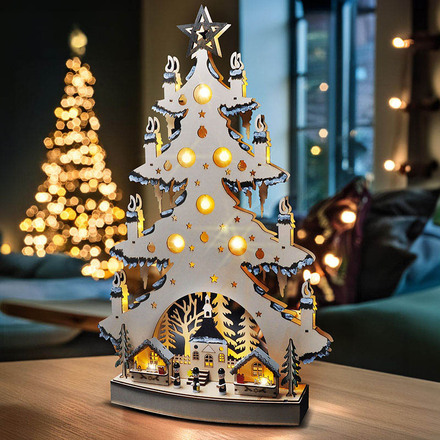 Solight LED dřevěný vánoční stromek s dekoracemi, 23x LED, přírodní barva, 64cm, 2x AA 1V282
