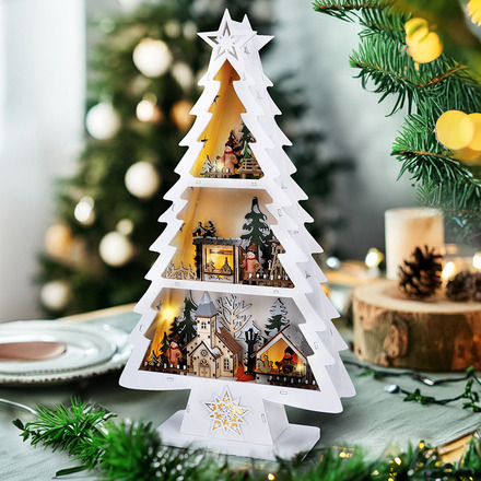 Solight LED dřevěný vánoční stromek s dekoracemi, 13x LED, bílá, 53cm, 2x AA 1V283
