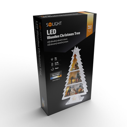 Solight LED dřevěný vánoční stromek s dekoracemi, 13x LED, bílá, 53cm, 2x AA 1V283