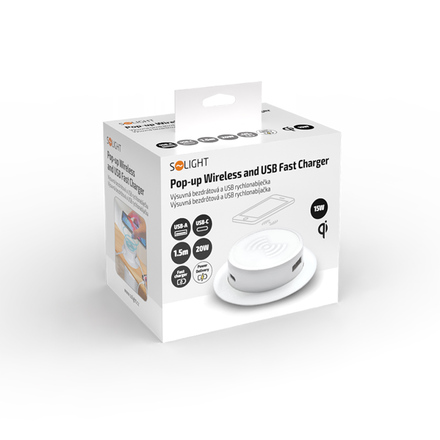Solight bezdrátová 15W + USB A+C 20W PD výsuvná nabíječka, bílá DC64W-PD20