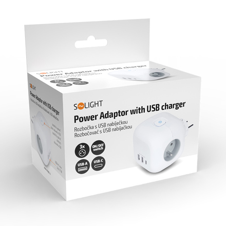 Solight rozbočka kostka, 3x 16A + USB A+C, bílá, vypínač P110C