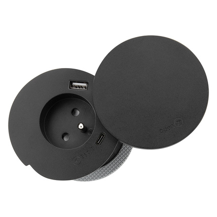 Solight vestavná zásuvka + USB A+C + Wireless 10W, otočné víčko, kabel 2m, černá PP119CWB