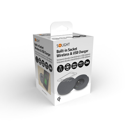 Solight vestavná zásuvka + USB A+C + Wireless 10W, otočné víčko, kabel 2m, černá PP119CWB