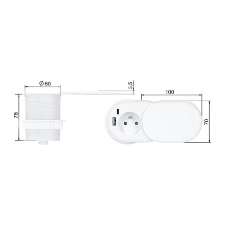 Solight 1z + USB A+C 20W PD vestavná zásuvka s posuvným víčkem, 2m, matná bílá PP124CW-PD20