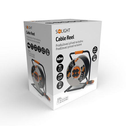 Solight prodlužovací přívod - na kovovém bubnu, 4 zásuvky, 40m kabel guma-neopren, 3x 2,5mm2, IP44 PB43