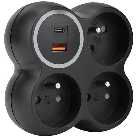 Solight rozbočka, 3x 15A, USB A+C rychlonabíječka 20W PD, matná černá P106CB-PD20