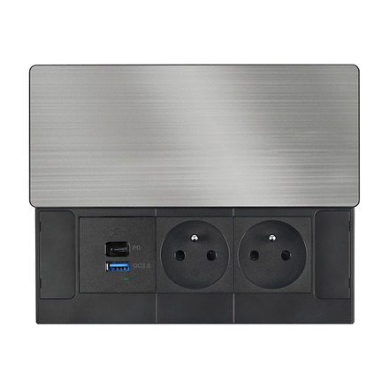 Solight vestavný blok zásuvek s posuvným krytem, 2 zásuvky, USB A+C 20W PD, 2m, stříbrný PP128C-PD20
