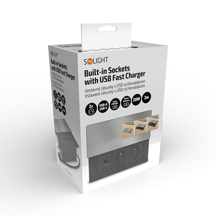 Solight vestavný blok zásuvek s posuvným krytem, 2 zásuvky, USB A+C 20W PD, 2m, stříbrný PP128C-PD20
