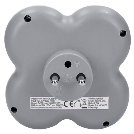 Solight rozbočka, 3x 16A, USB A+C rychlonabíječka 20W PD, bílá-šedá P106C-PD20