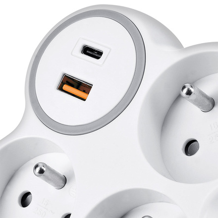 Solight rozbočka, 3x 16A, USB A+C rychlonabíječka 20W PD, bílá-šedá P106C-PD20