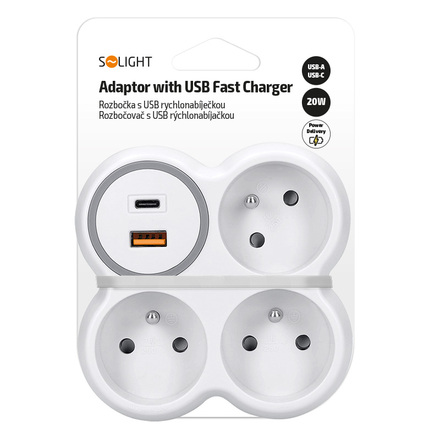Solight rozbočka, 3x 16A, USB A+C rychlonabíječka 20W PD, bílá-šedá P106C-PD20