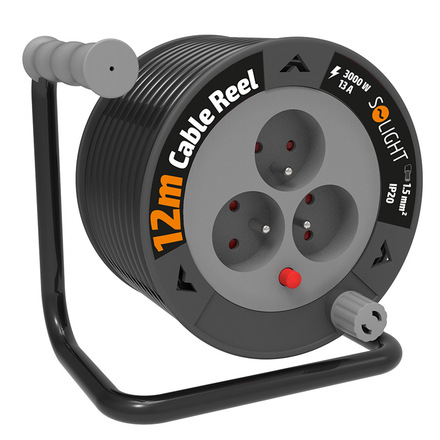 Solight prodlužovací přívod na bubnu 12m, 3 zásuvky, černý kabel, 3x 1,5mm2 PB24