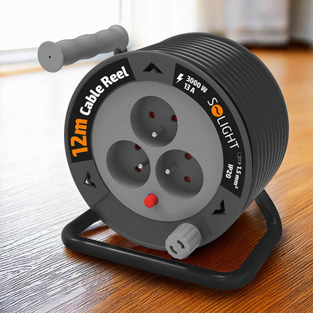 Solight prodlužovací přívod na bubnu 12m, 3 zásuvky, černý kabel, 3x 1,5mm2 PB24