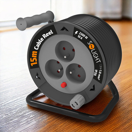 Solight prodlužovací přívod na bubnu 15m, 3 zásuvky, černý kabel, 3x 1,0mm2 PB24B