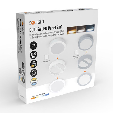 Solight LED mini panel koupelnový 2v1, 3CCT, podhledový/přisazený, 12W, 1020lm, IP54, bílá, kulatý WD240-W