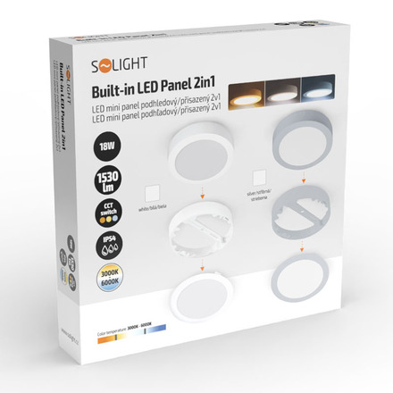 Solight LED mini panel koupelnový 2v1, 3CCT, podhledový/přisazený, 18W, 1530lm, IP54, stříbrná, kulatý WD242-S