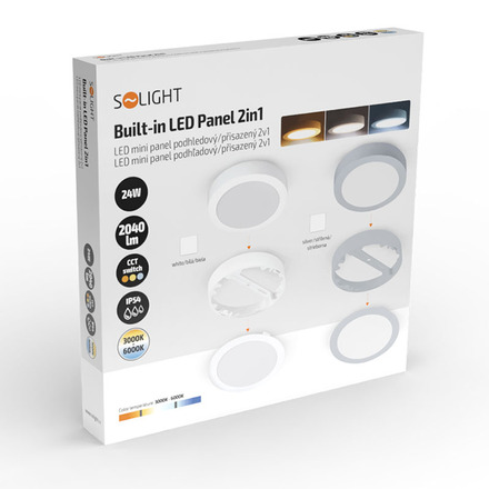 Solight LED mini panel koupelnový 2v1, 3CCT, podhledový/přisazený, 24W, 2040lm, IP54, bílá, kulatý WD244-W