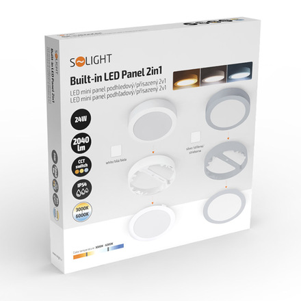 Solight LED mini panel koupelnový 2v1, 3CCT, podhledový/přisazený, 24W, 2040lm, IP54, stříbrná, kulatý WD244-S