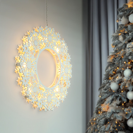 Solight LED dřevěný vánoční věnec, 10x LED, bílá, 30cm, časovač, 2x AA 1V297