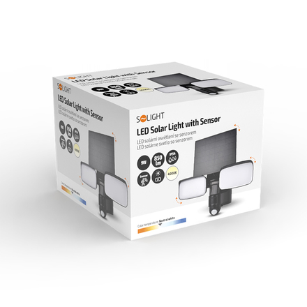 Solight LED solární osvětlení se senzorem, 9W, 850lm, 4000K, Li-Ion, černá WO7203
