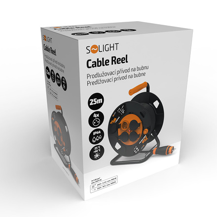 Solight prodlužovací přívod - na bubnu, 4 zásuvky, 25m kabel guma, 3x 1,5mm2, IP44 PB33