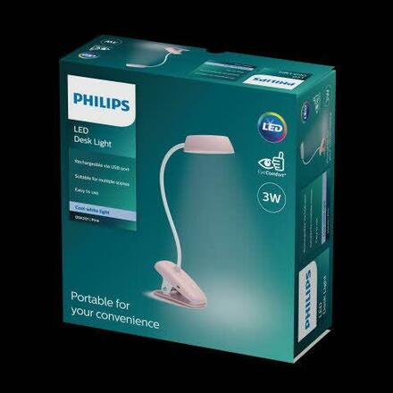 Philips Donutclip stolní LED lampa na klip 1x3W 175lm 4000K IP20 USB, krokové stmívání, růžová