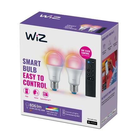 WiZ SET 2x LED žárovka E27 A60 8W (60W) 806lm 2200-6500K RGB IP20, stmívatelná + ovladač