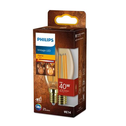 Philips LED filament žárovka E14 B35 6W (40W) 470lm 1800K nestmívatelná, jantarová