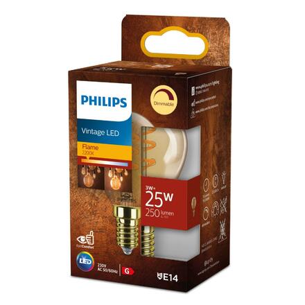 Philips LED filament žárovka E14 P45 3W (25W) 250lm 2200K stmívatelná, jantarová