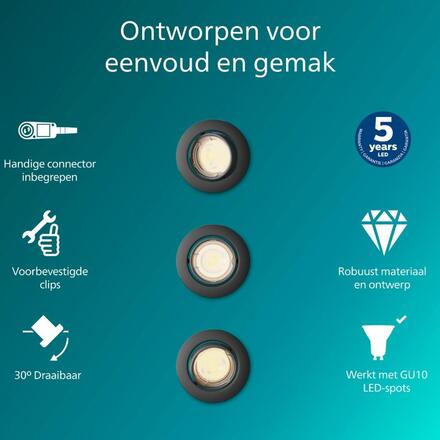 Philips Peridot Rec Kit Rd zapuštěné svítidlo kulaté 7W, AC 220-240, IP20, (3 ks), černá