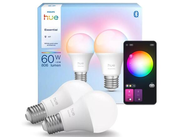 Philips Hue Essential WCA 806 žárovka 460 E27, 8W, 806lm (2 ks), 2200-6500K RGB