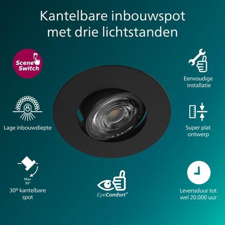 Philips Zapuštěné bodové svítidlo Cilantro Step 5W, 90lm/W, 2700K, (3 ks), černá