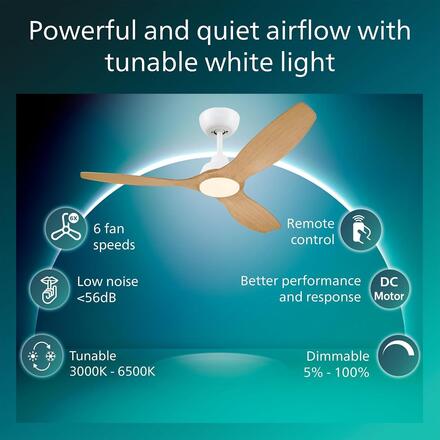 Philips Olas stropní ventilátor a svítidlo 35W+24W 3000/4300/6500K 132cm bílá a dřevo