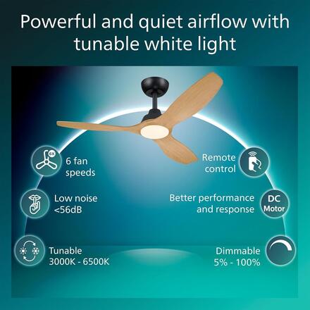 Philips Olas stropní ventilátor a svítidlo 35W+24W 3000/4300/6500K 132cm černá a dřevo