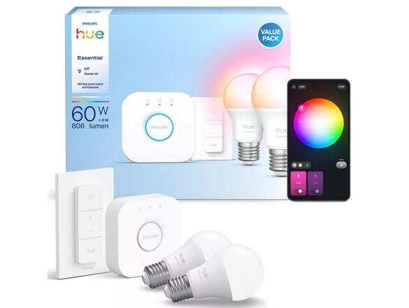 Philips Hue Essential WCA 806 žárovka 460 2x E27, 8W, 806lm, 2200-6500K RGB, ovladač, bridge