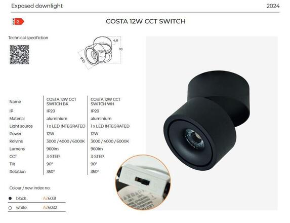 AZzardo Costa přisazené bodové svítidlo LED 12W 720lm 3000/4000/6000K CCT IP20, černá