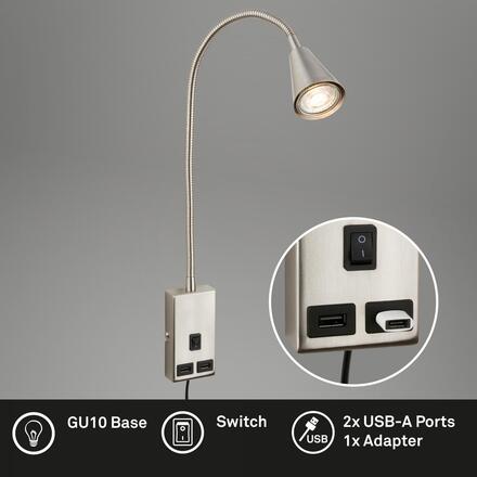BRILONER Justra lampa na čtení, nastavitelná, 2x USB porty, matný nikl 2175012