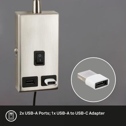 BRILONER Justra lampa na čtení, nastavitelná, 2x USB porty, matný nikl 2175012
