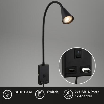 BRILONER Justra lampa na čtení, nastavitelná, 2x USB porty, černá 2175015