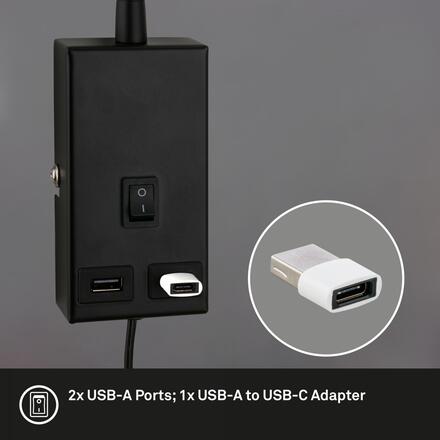 BRILONER Justra lampa na čtení, nastavitelná, 2x USB porty, černá 2175015