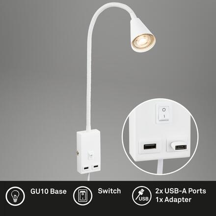 BRILONER Justra lampa na čtení, nastavitelná, 2x USB porty, bílá 2175016