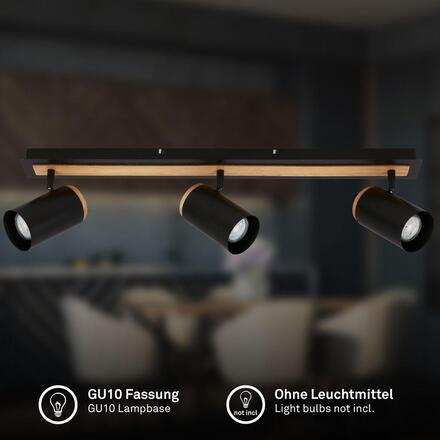 BRILONER Duta stropní bodové svítidlo - GU10 patice, max. 10W, nastavitelné, černá/dřevo, 3-ramenné 2359035