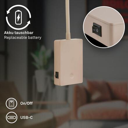 BRILONER Cielo lampa na čtení - 2W, 200lm, LED, nabíjecí, stmívatelné, dotykový vypínač, bezdrátové, béžová 2361011