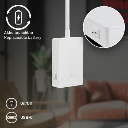 BRILONER Cielo lampa na čtení - 2W, 200lm, LED, nabíjecí, stmívatelné, dotykový vypínač, bezdrátové, bílé 2361016